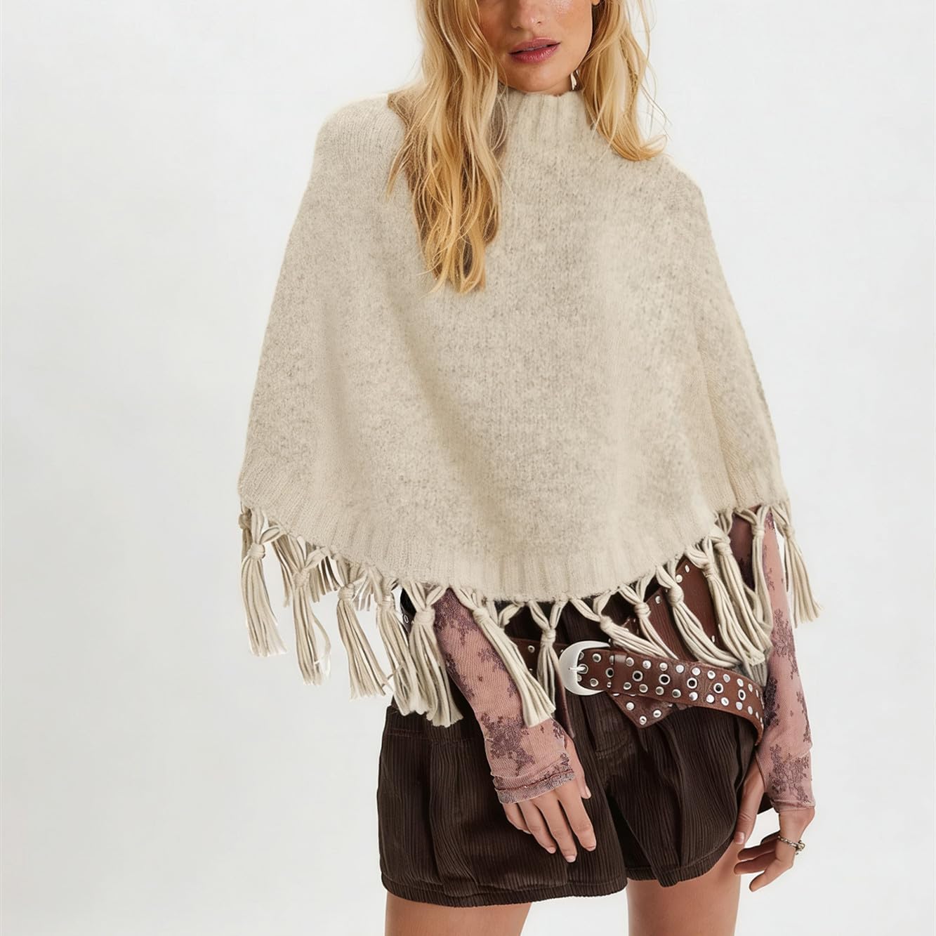 Women Tassel Poncho Sweater Mock Neck Crop Knit Shawls Wraps Pullover Sweaters Scarf Cape - Image 2