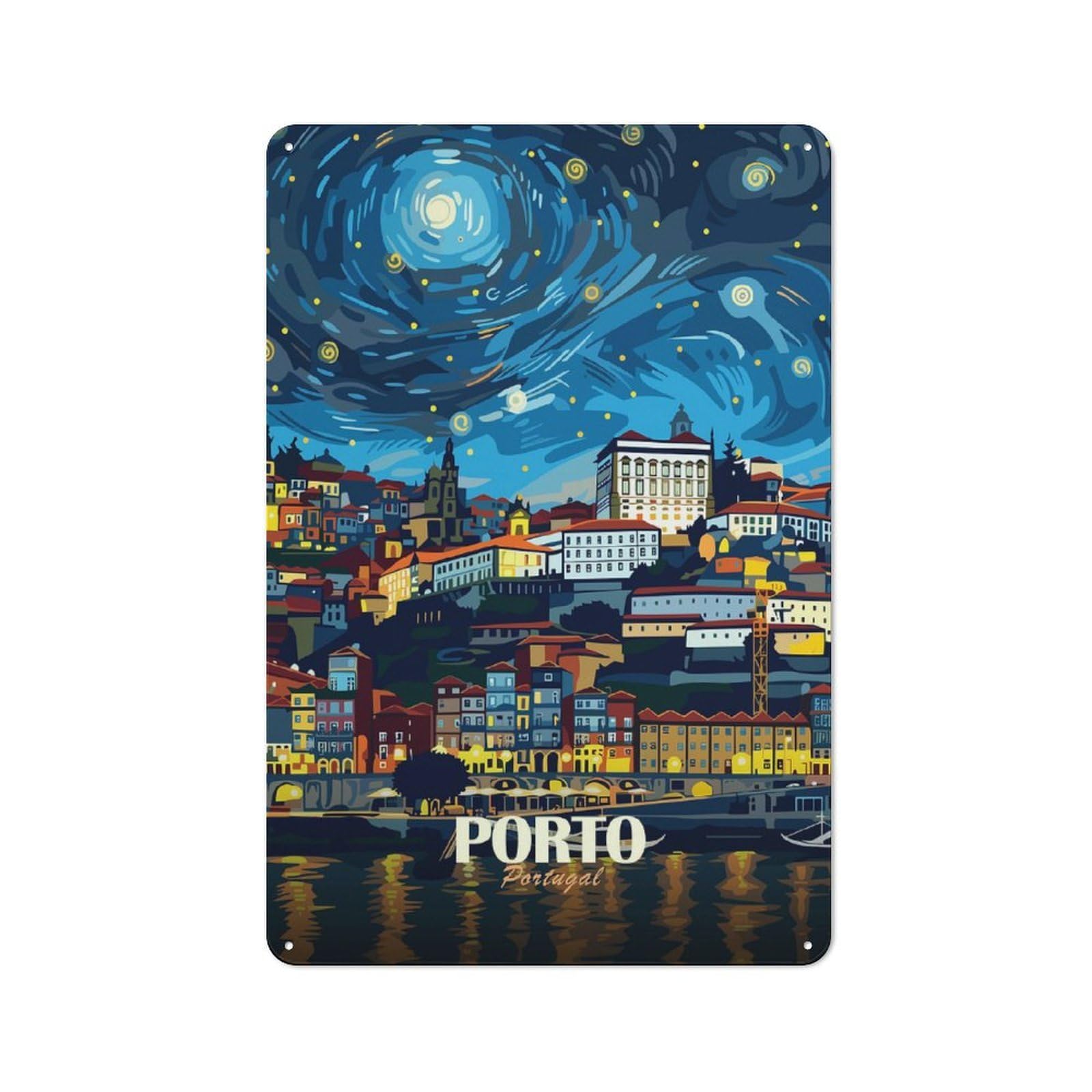 Junmoney Style-23 Porto Portugal Cityscape Night Art Rustic Metal Sign 30X20cm For Garden Room Or Summerhouse, For Summerhouse Decorators