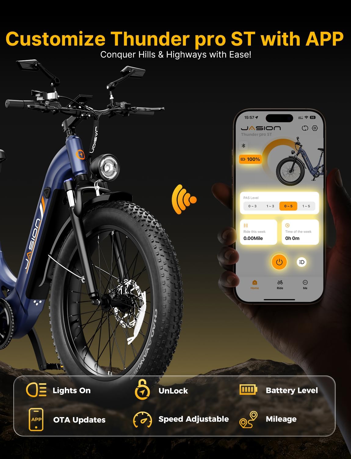 Jasion Thunder/PRO/ST Electric Bike,2000W/1800W Peak Ebikes for Adults,26''Fat Tire Best Ebike for Men,90/80 Miles with 1040Wh/864Wh Battery,35/30+MPH Max Speed Bicycles,500/400LB Capacity
