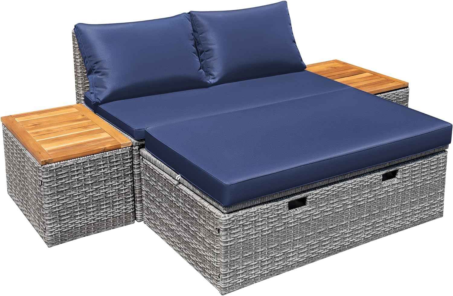 DevokoPatio Day Bed Outdoor Daybed Set Multifunctional Rattan Lounge Bed with 2 Side Tables for Backyard Porch Poolside Lawn Beach (Navy Blue)
