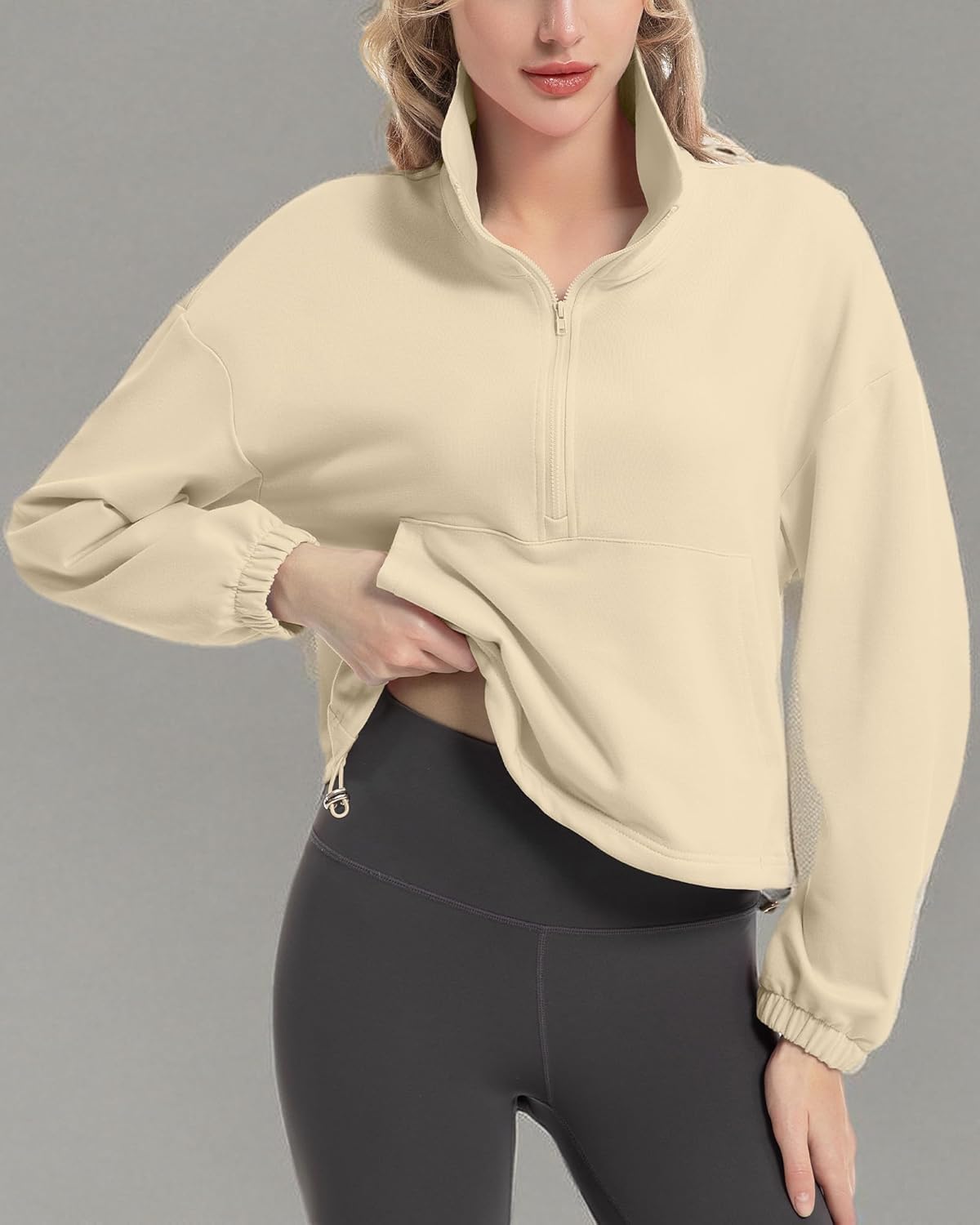 FKEEP Quarter Zip Pullover Women Cropped Sweatshirt Long Sleeve Crop Top Stand Collar Drawstring Casual Pullover - Image 7