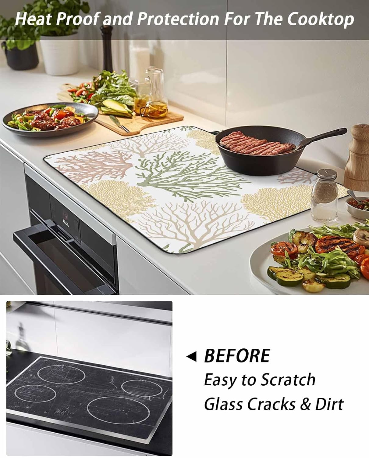 Stove Top Cover Nautical Coastal Ocean Coral Stove Cover for Electric Stove Top Beach Themed Yellow Teal Glass Cooktop Covers Anti-Slip Mat Heat Resistant Countertop Protector Kitchen Decor 31"x24"