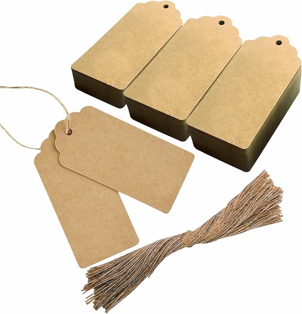 Lang Horn 100 Pcs Gift Tags 10 cm X 5 cm Brown Kraft Paper Tags with Jute Twine String , Luggage Label, Weddings, Birthdays ,Valentines & Christmas