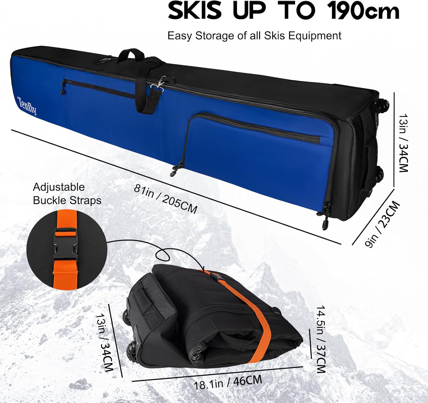 Ski Bag, Padded Ski Bag for Air Travel, 900D Water Resistant Oxford Fabric, Foldable Snow Bags Fits 2 Pairs Skis Blue 190