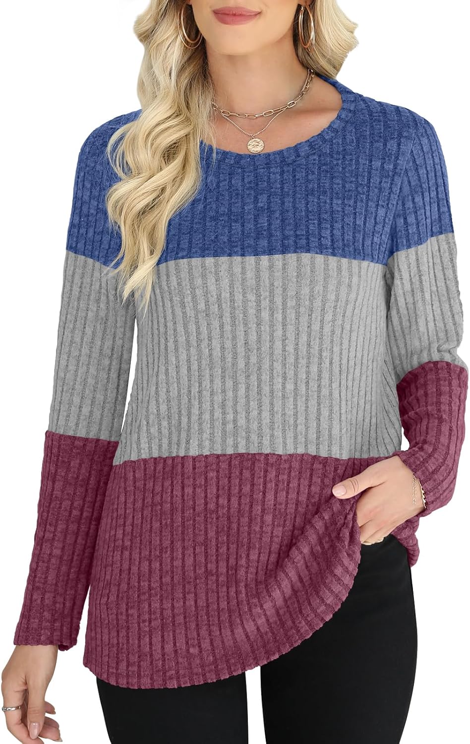 Womens Color Block Tops Striped Lightweight Sweaters Long Sleeve Crewneck Shirts Casual Loose Fit Tunic - Image 2