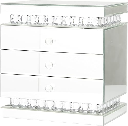 Deco 79 Joyero de madera con espejo de 3 cajones con adornos de cristal, 11 x 8 x 11 pulgadas, color plateado