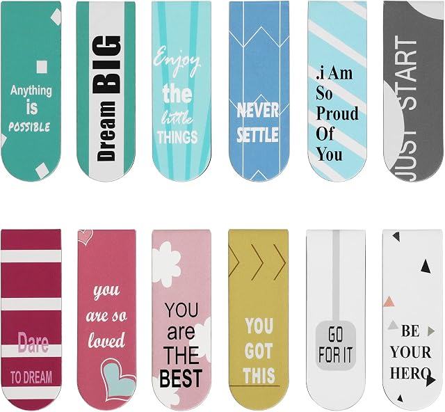 Simpeak 12 PCS Magnetic Bookmarks, 12 * 2cm Page Clips Magnetic Bookmarks for Students Reading Teachers Home Office School, Inspirational Quotes Bookmarks for Kids Children Men Women Teens