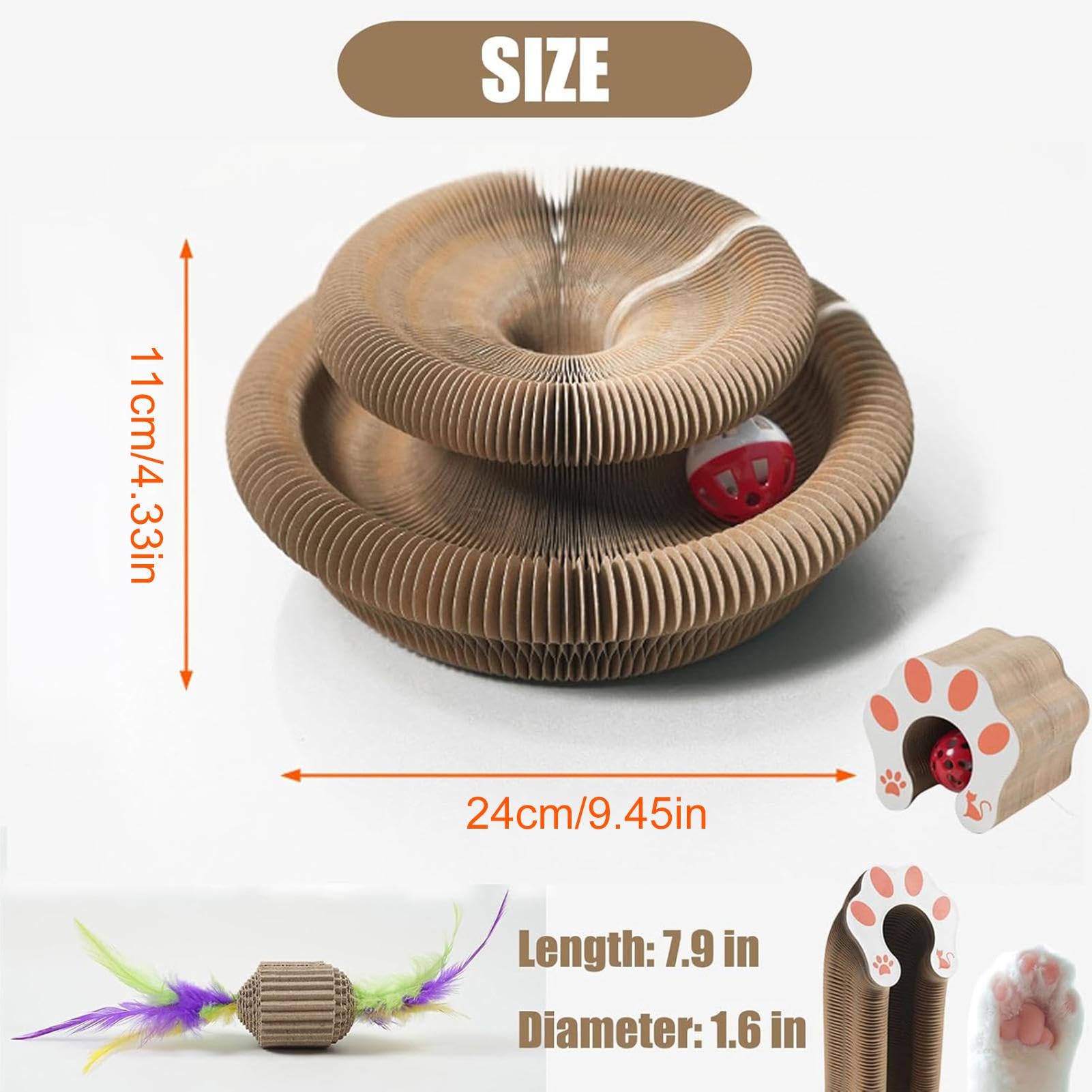Cat Scratch Pad, Round Cat Acordeon Toy, Interactive Cat Scratcher Ramp, plegable Cat Cardboard Toys, Cat Toy with Bell Ball, Indoor Cat Boredom Relief, Sturdy Cat Scratcher for Pets