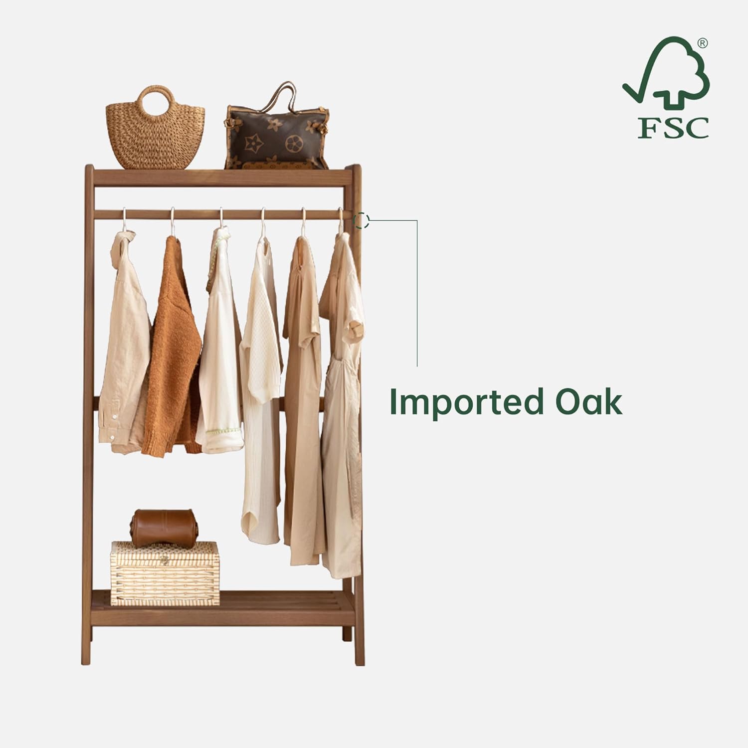 Solid Wood Clothes Rack, Clothing Rack with 2 Shelves Storage, Floor-Standing Coat Rack for Bedroom, Living Room, Entryway,Walnut