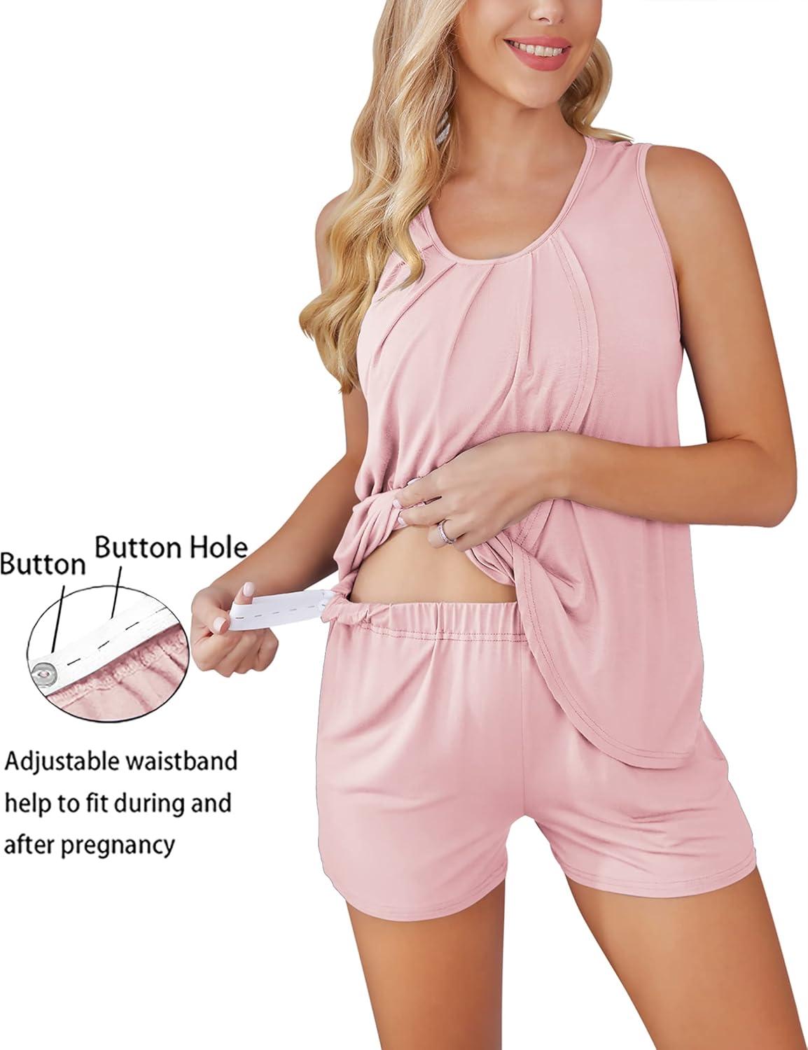 Ekouaer Women Maternity Nursing Pajama Set Breastfeeding Sleepwear Double Layer Sleeveless Top & Shorts Pregnancy PJS - Image 4