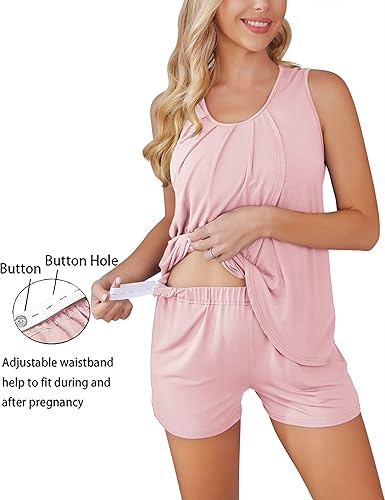 Miniatura 3 de Ekouaer Conjunto de pijama de lactancia para mujer, ropa de dormir de doble capa, sin mangas, top y pantalones cortos, pijamas de embarazo
