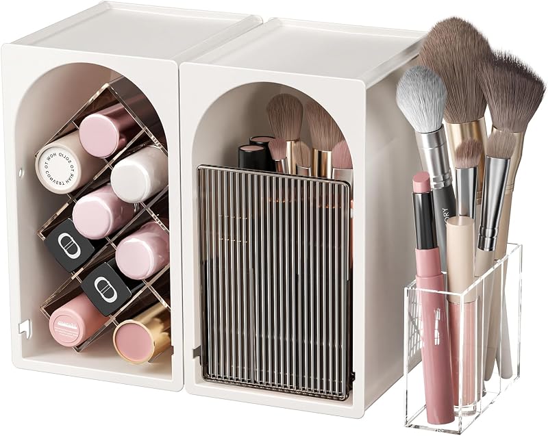 Organizador de Maquiagem Empilhável INVSSENE para Bancada, Branco+Coffee, Modelo ZX001