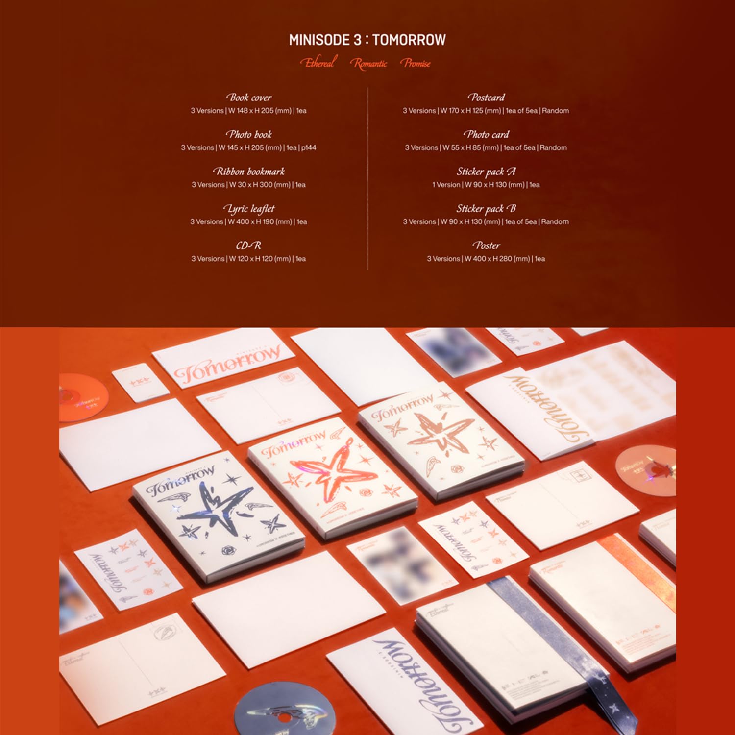 TXT - [MINISODE 3 : TOMORROW] (Romantic Ver.) Photo Book + Bookmark + Lyrics + CD-R + Postcard + Photo Card + Sticker Pack + Poster + 5 Extra Photocards