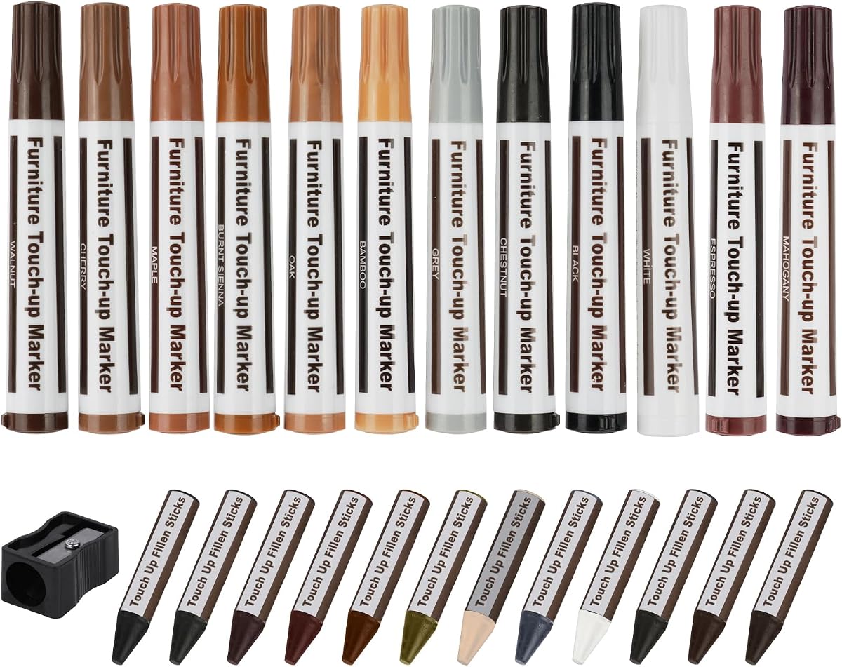 ACWOO Furniture Repair Kit Wood Markers Wax Sticks, 25PCS Multicolor Furniture Repair Marker Kit with Sharpener for Stains, Scratches, Floors, Tables, Desks, Bedposts, Touch Ups and Coverr Ups