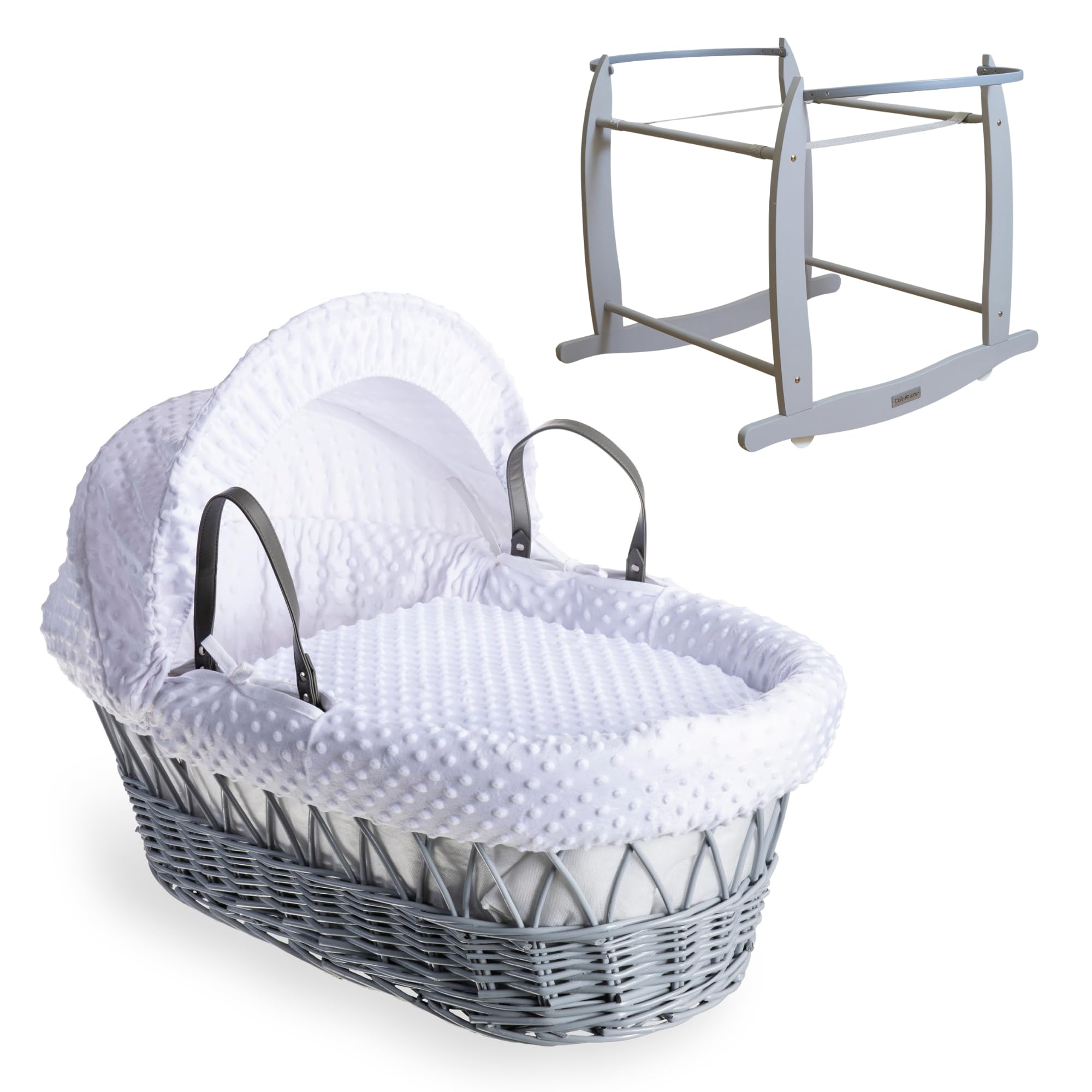Clair de Lune Dimple - Culla in vimini grigio con supporto a dondolo grigio deluxe, 68 x 30 cm, colore: bianco