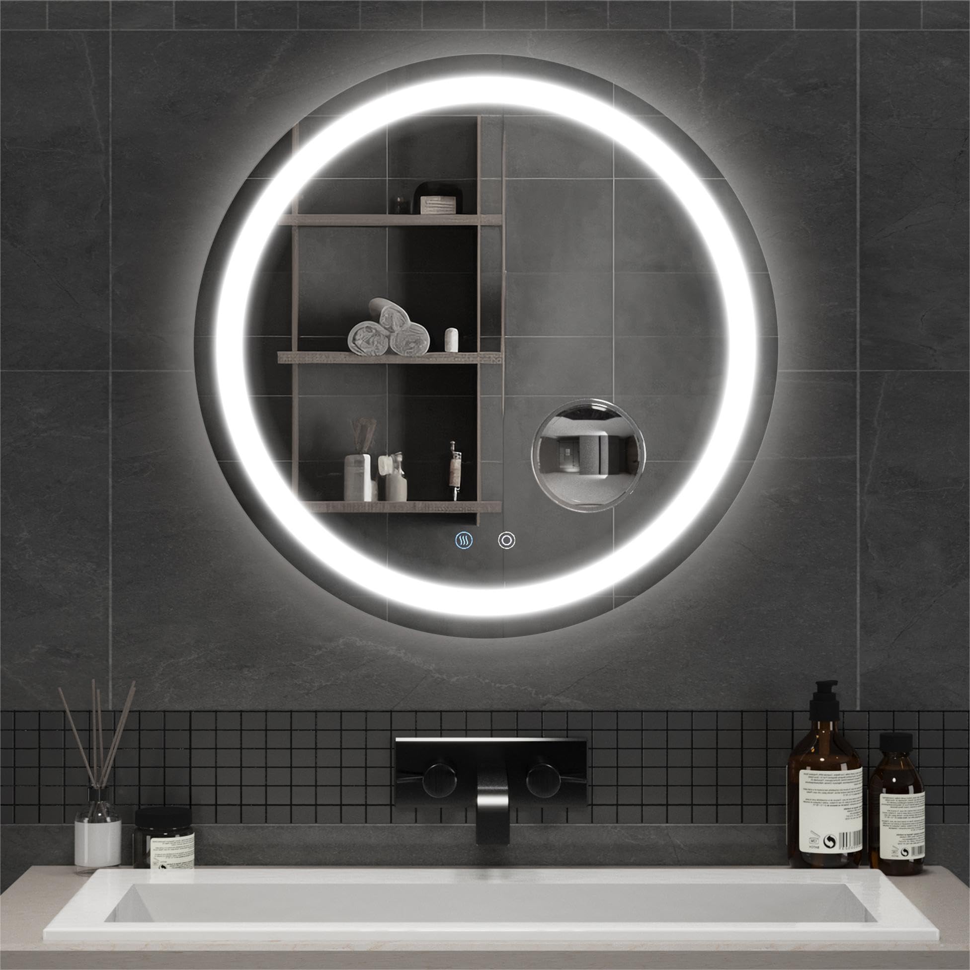 Mondeer Espejo de baño LED Redondo, 60 cm, Espejo de baño con iluminación, Interruptor táctil y antivaho, 5 lupas extraíbles, 3 Colores de luz Regulables, para baño (3000 K - 6500 K)