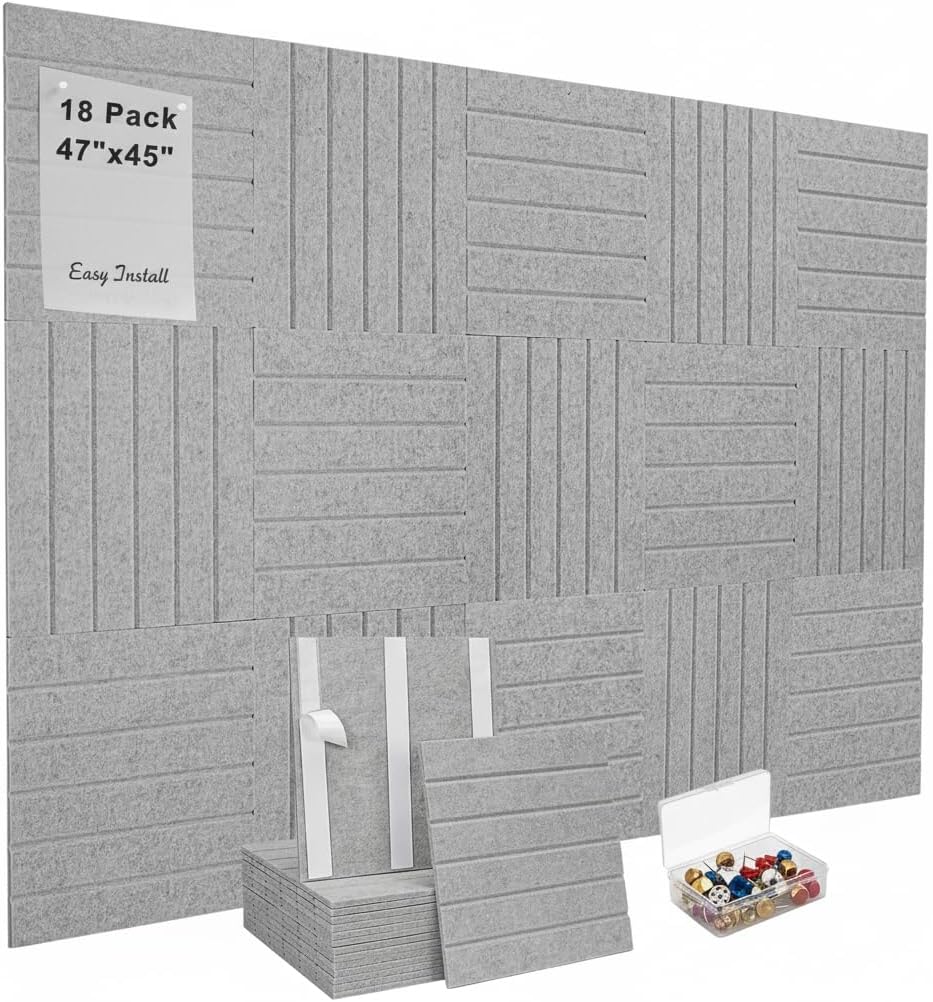 GXJF 18-Pack Felt Bulletin Board Tiles 70.8"x35.4", Cork Board Alternative with 45 Pushpins & 90 Adhesive Tabs, Oeko-TEX Certified Acoustic Felt Panels for Office Home Classroom (Gray)