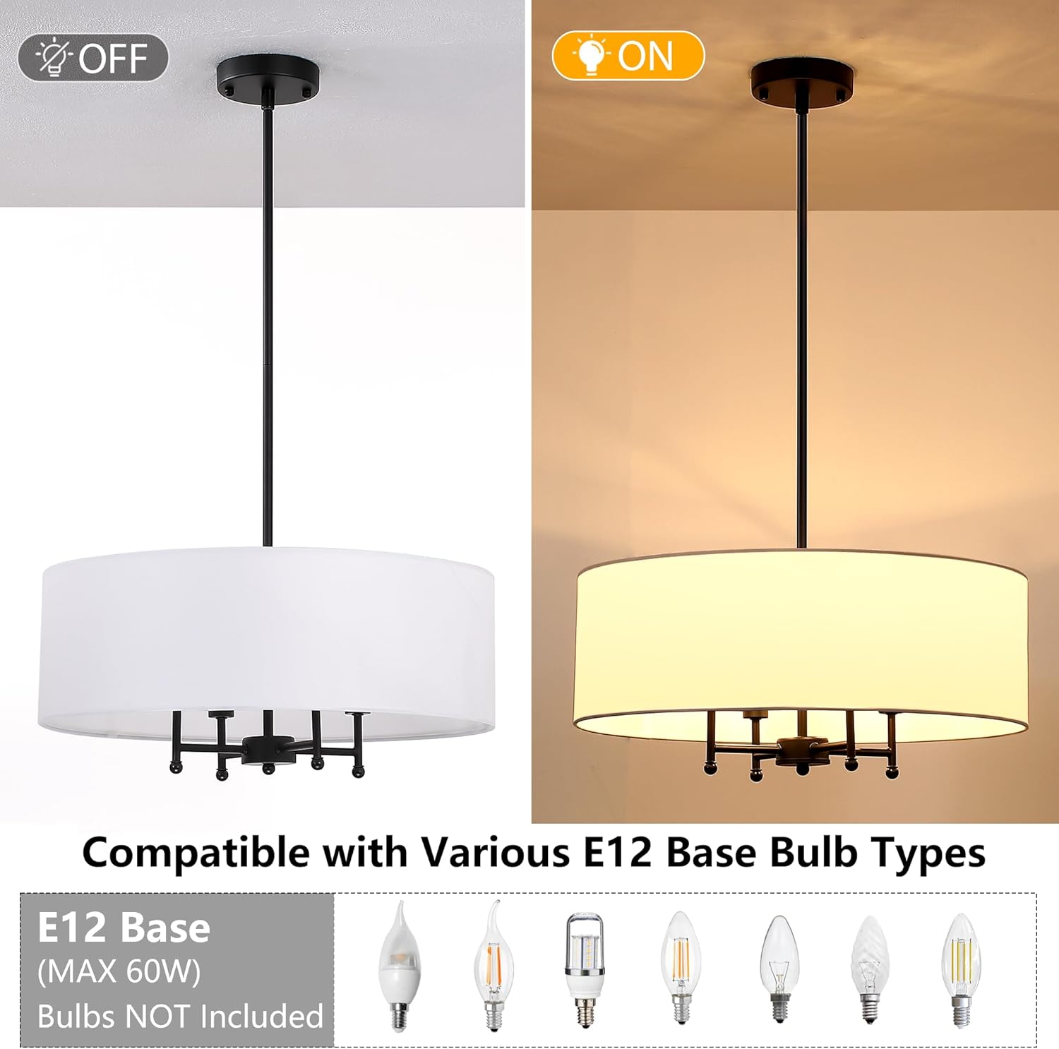 20" Black Modern Drum Chandelier, 4-Light Hanging Ceiling Chandeliers with White Fabric Shade, Adjustable Height Pendant Lights, Farmhouse Light Fixture for Dining Room, Bedroom, Living Room