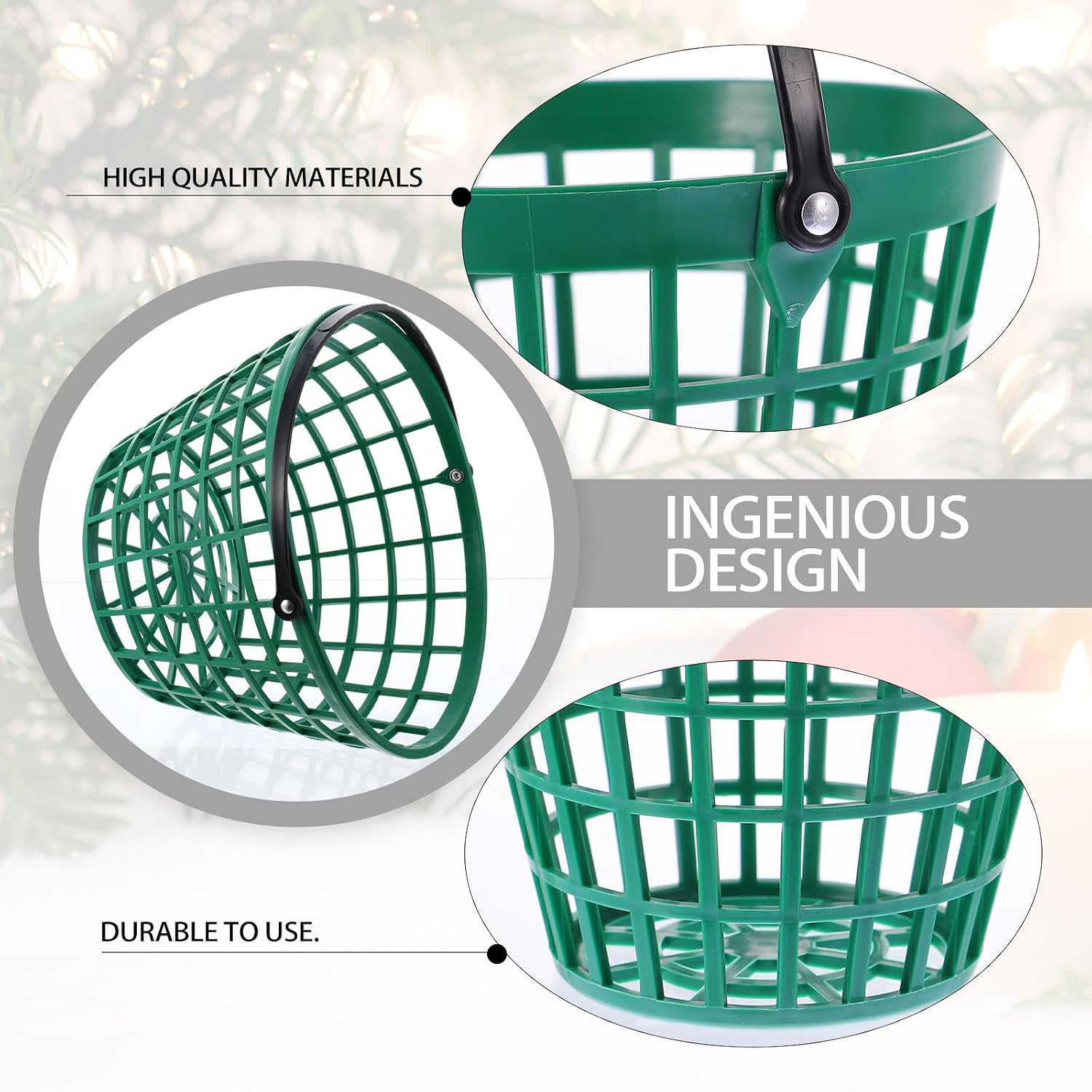 FAVOMOTO Golf Ball Basket Nylon Storage Bucket - Green Plastic Outdoor Ball Container with Handle for Golf Practice