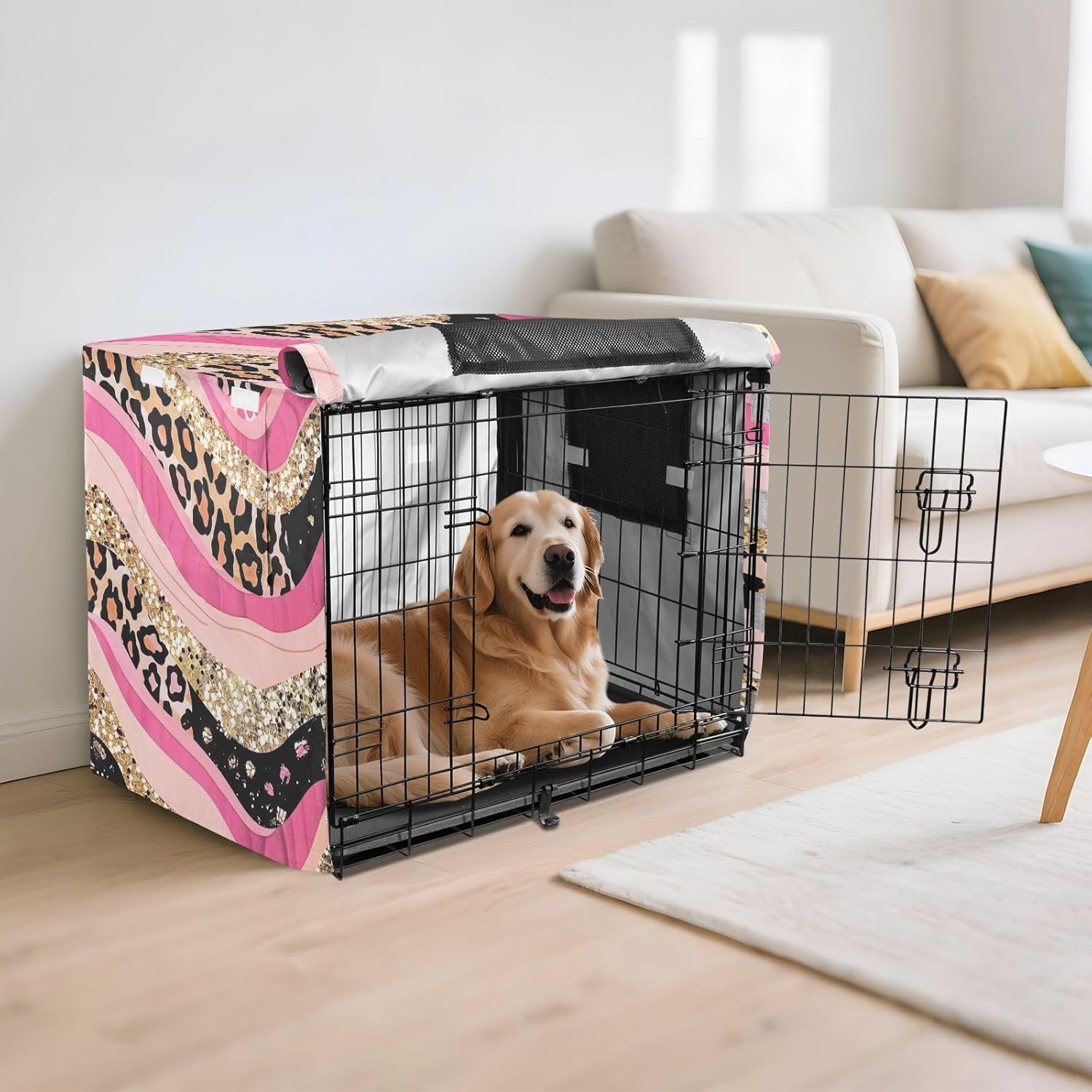 Leopard Print Strips Pink Stripes Dog Crate Cover Roll-up Sides, Pet Crate Cover with Roll-up Sides, X-Large
