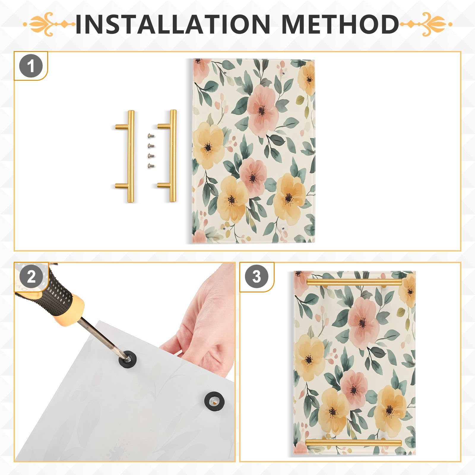 BOESI Watercolor Colorful Flower Tray, Tray with Handles, Countertop Organizer, Decorative