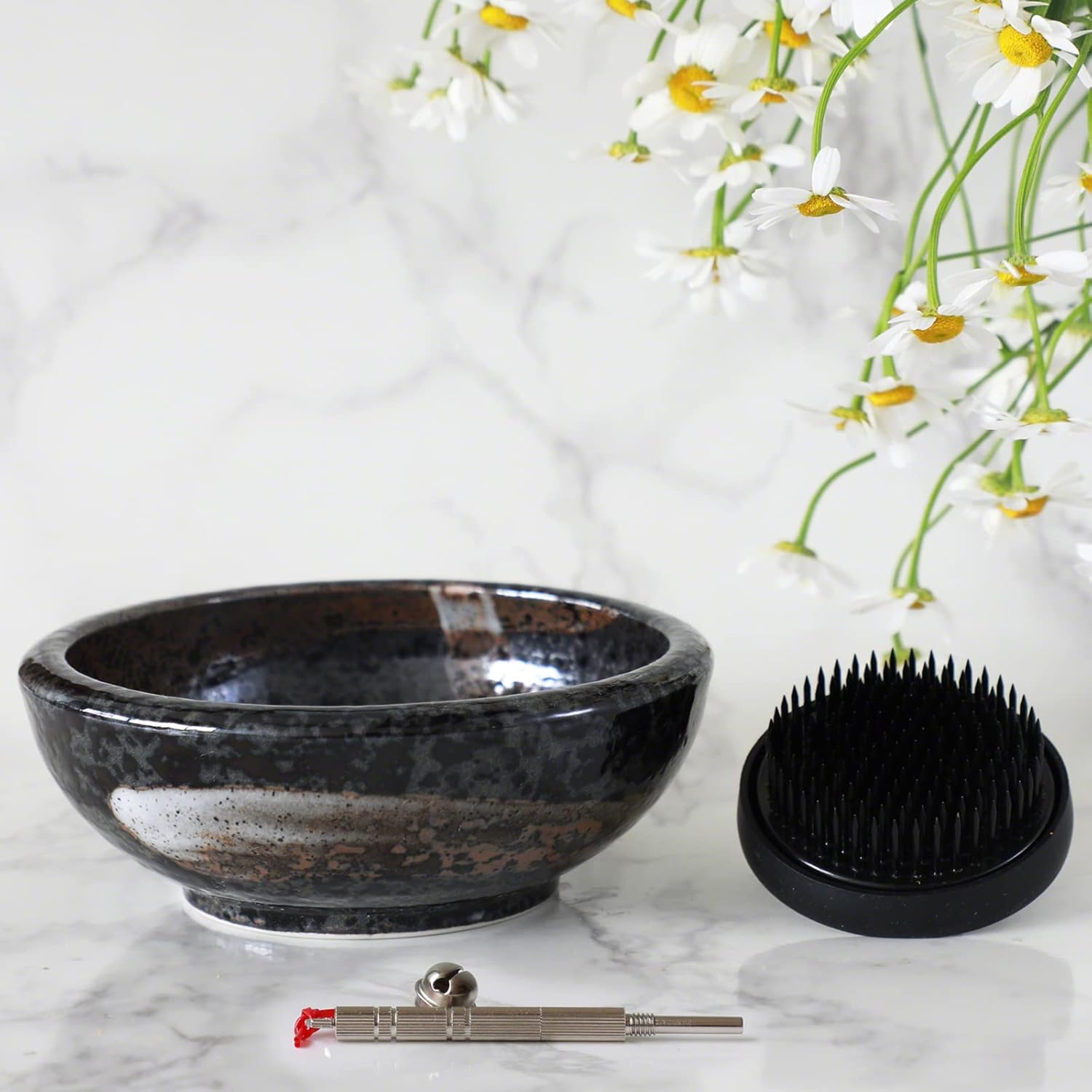 Wazakura Made in Japan Ikebana for Beginners Tool Kit, Minoyaki Black Flower Vase, 2.4in (61mm) Black Kenzan Holder, Cleaner (Minoyaki Black Vase, Black Kenzan, Care Tool)