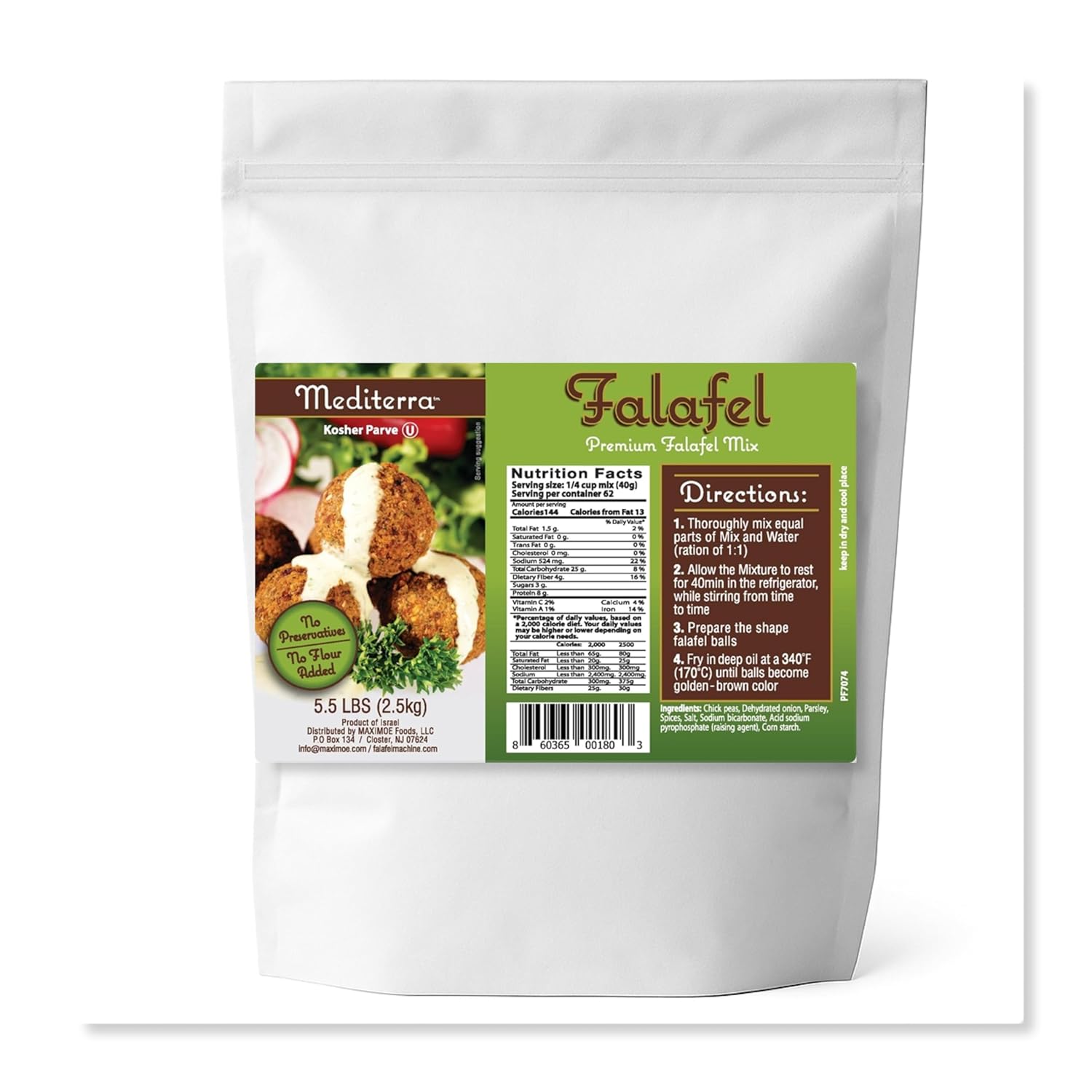 Mediterra Falafel Mix 5.5 LB - Gluten Free, Kosher, Vegan - Yields 325 Balls or 42 Burgers, Restaurant Quality