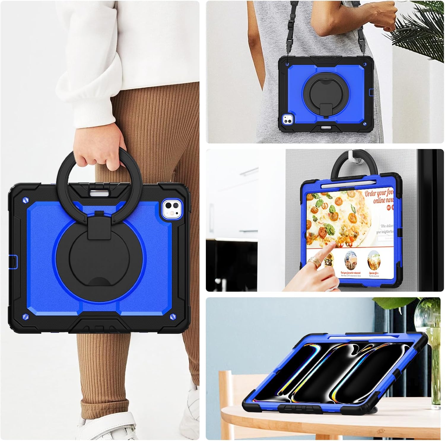 SCSVPN Case for iPad Pro 13 inch M5 2025 / M4 2024 with Screen Protector - Pencil Holder - 360° Rotating Stand/Handle - Shoulder Strap, Full Body Rugged Shockproof Protective Silicone Cover (Blue)