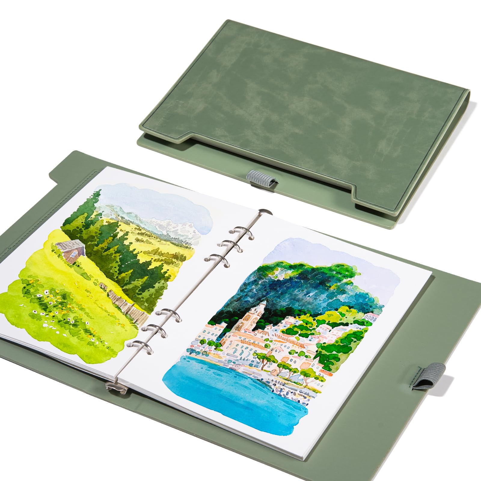 Professional Watercolor Sketchbook - 6-Ring Binder, 20 Sheets 300GSM 100% Cotton Paper, 9.25"x6.3" (Green)
