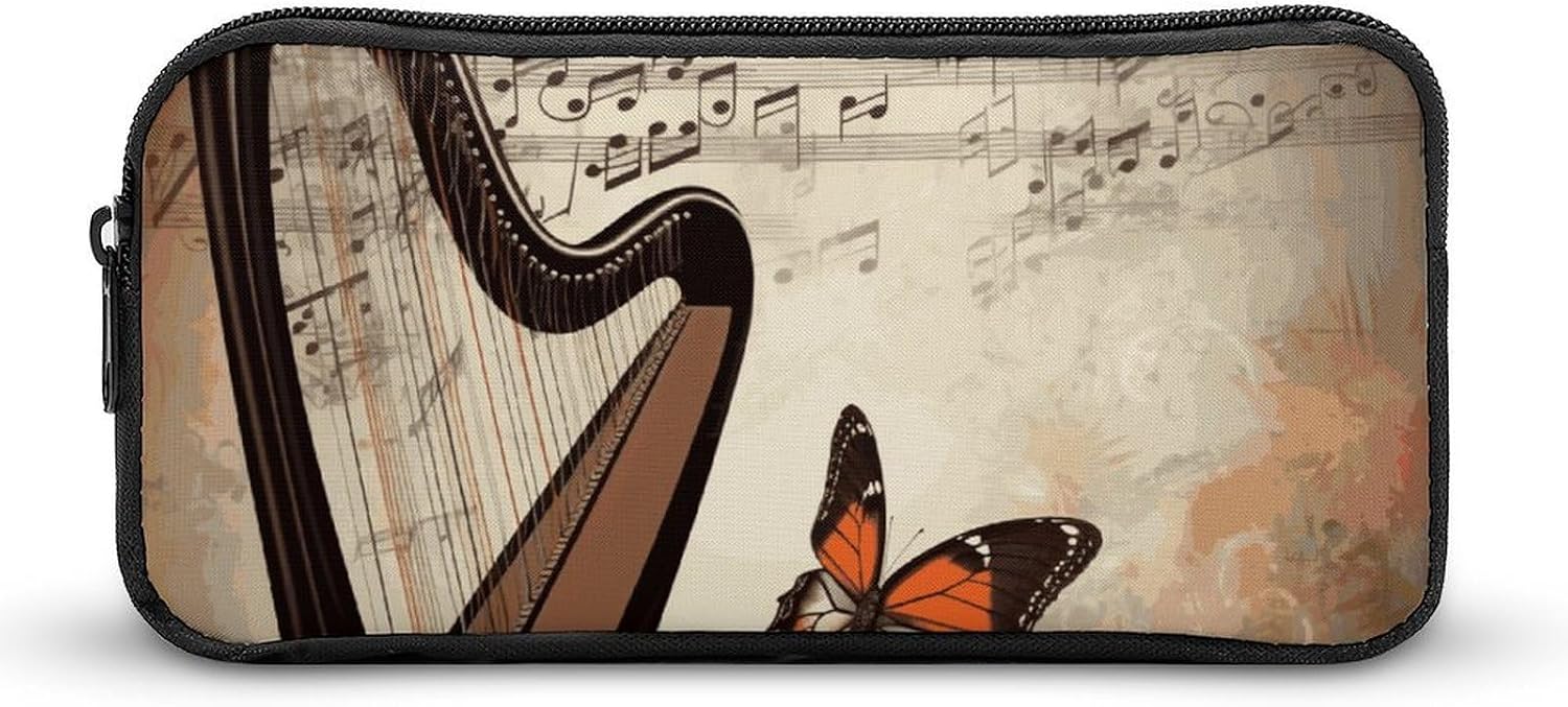 Music Background with Harp And Butterfly Pencil Case Large Pencil Bag with Zipper