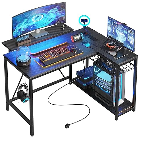 Bestier 106.5CM L-Shaped Gaming Desk with RGB LED Lights Carbon Fibre Surface, 3 Power Outlets & 2 USB Ports, Reversible Corner Desk with Shelves & Hooks for Home Office & Small Spaces - 106.5CM - Carbon Fiber