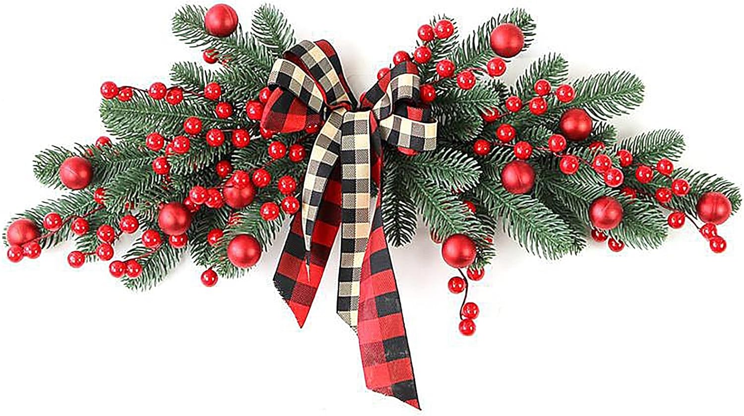 TITA-DONG Artificial Christmas Swag for Front Door, 27.6in Christmas Mailbox Swag Decoration, Decorative Hanging Swag with Red Berry Balls for Stairway Window Shelf Xmas Decor