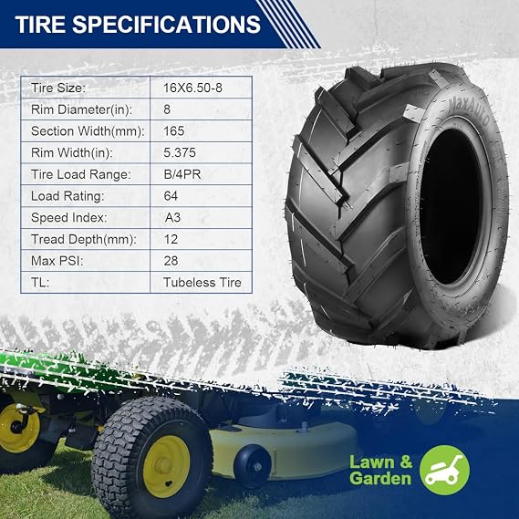 MaxAuto 16x6.50-8 Ag Farm High-Traction Lawn Mower Tires,16x6.5-8 Agriculture Tractor Turf Tires, 16x6.50x8 Super Lug AG Riding Lawn Mower Tires, 4-Ply Tubeless, 615lbs Capacity, Set of 2