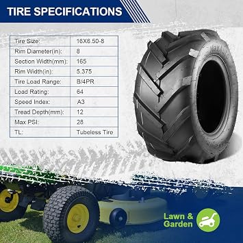 MaxAuto 16x6.50-8 Ag Farm High-Traction Lawn Mower Tires,16x6.5-8 Agriculture Tractor Turf Tires, 16x6.50x8 Super Lug AG Riding Lawn Mower Tires, 4-Ply Tubeless, 615lbs Capacity, Set of 2