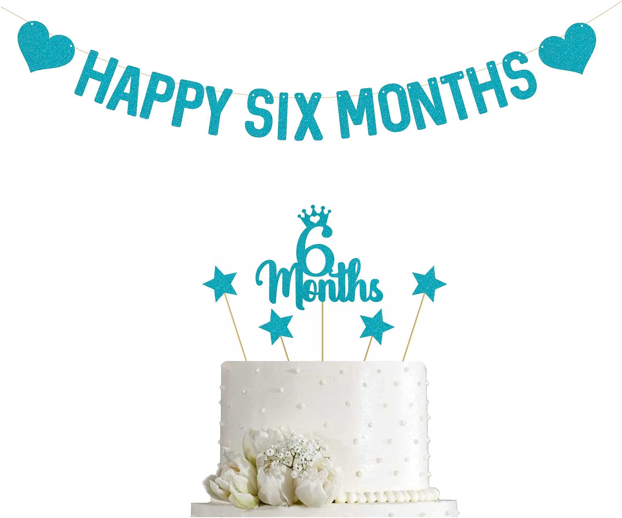 Blue Gitter Six Month Cake Topper & Banner-1/2 Birthday Decoration Half Way To One Banner With Cake Topper,Party Decoration Items,1/2 Way To One Cake Topper & Banner