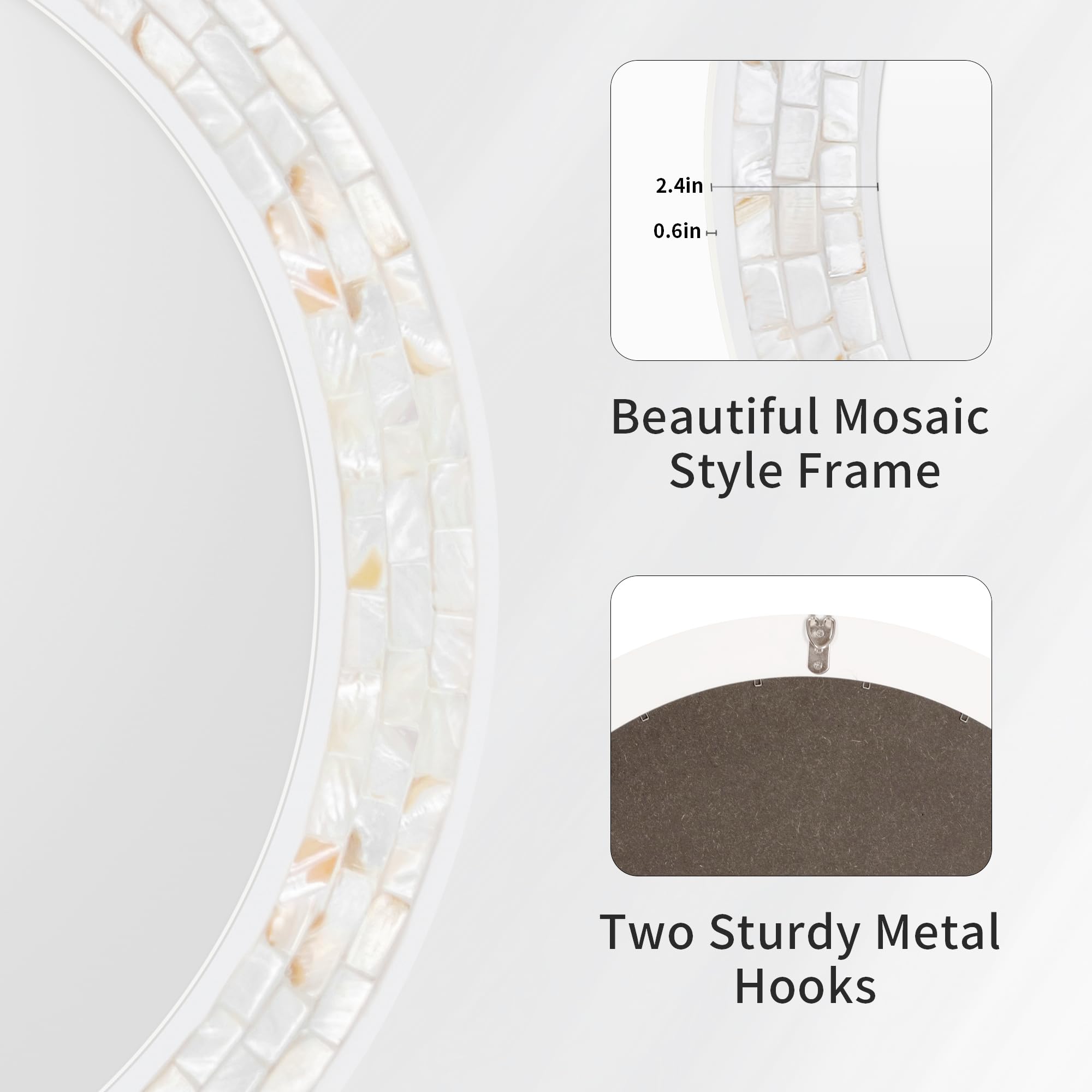 Espejo de pared redondo de 24 pulgadas, espejo de mosaico circular con nácar natural y marco de madera, espejo de pared redondo costero decorativo para baño, dormitorio, sala de estar 4