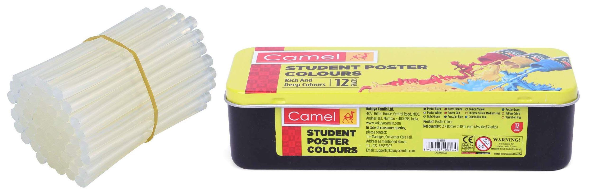 Glun 11 Mm Transparent Hot Melt 14 Glue Sticks For Diy And Craft Work & Camel Student Poster Color - 10Ml Each, 12 Shades