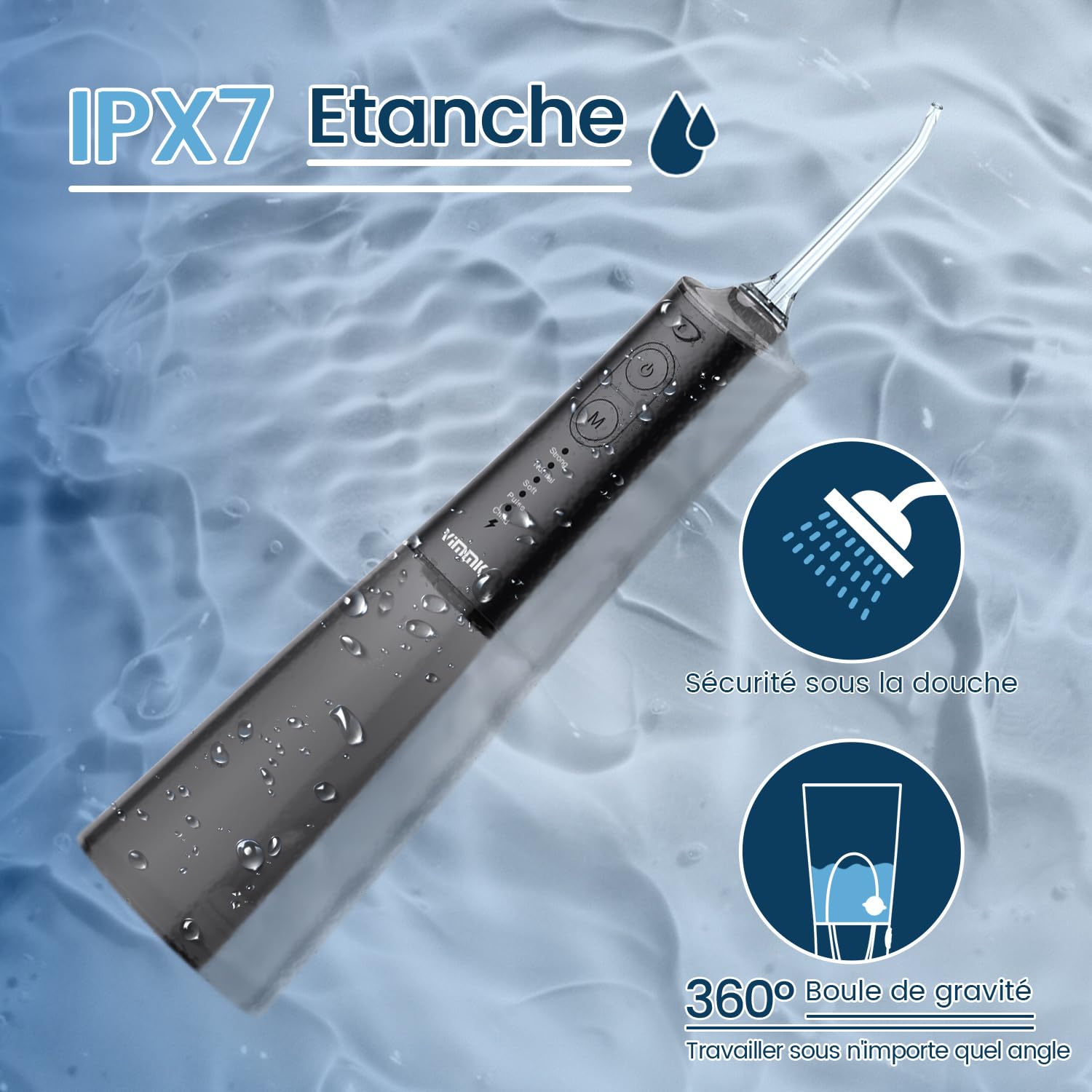VIMMK Jet Dentale Idropulsore e Irrigatori Orali con 5 modalità di pressione dell'acqua e 8 punte sostituibili, ricaricabile e impermeabile IPX7, serbatoio 300 ml (nero)