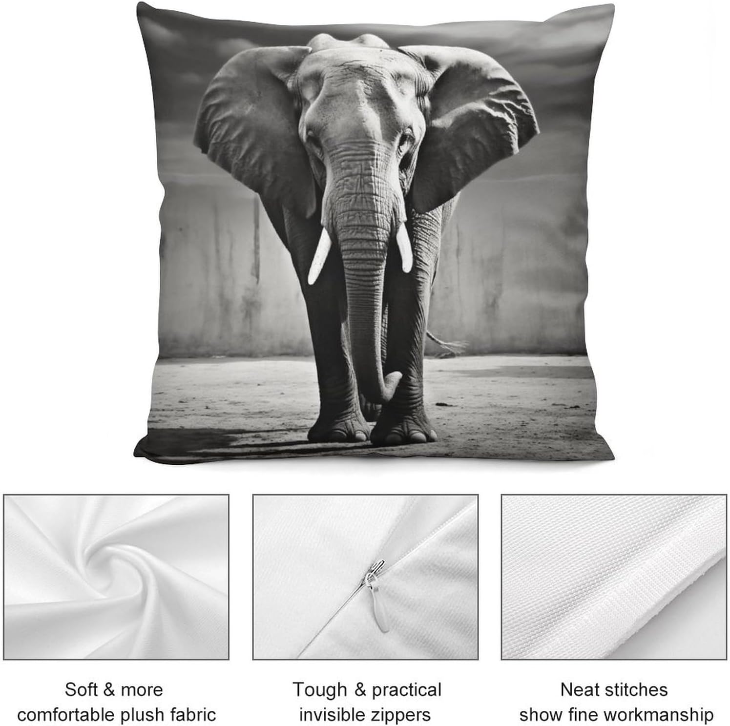 Zippered Pillow Cover, Pillow Protector, Black and White Elephant Printed Pillow Cover of 4, Pillow Not Included