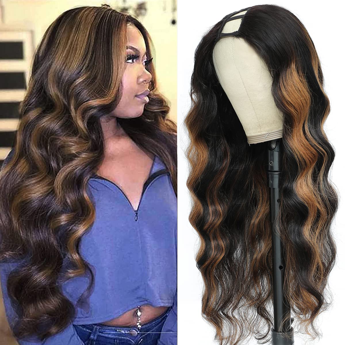 cute fairy Body Wave U Part Human Hair Wig Highlight Glueless 2x4 Upart Wig  Ombre Brown Brazilian Remy Human Hair Full Head Clip in Half Wig