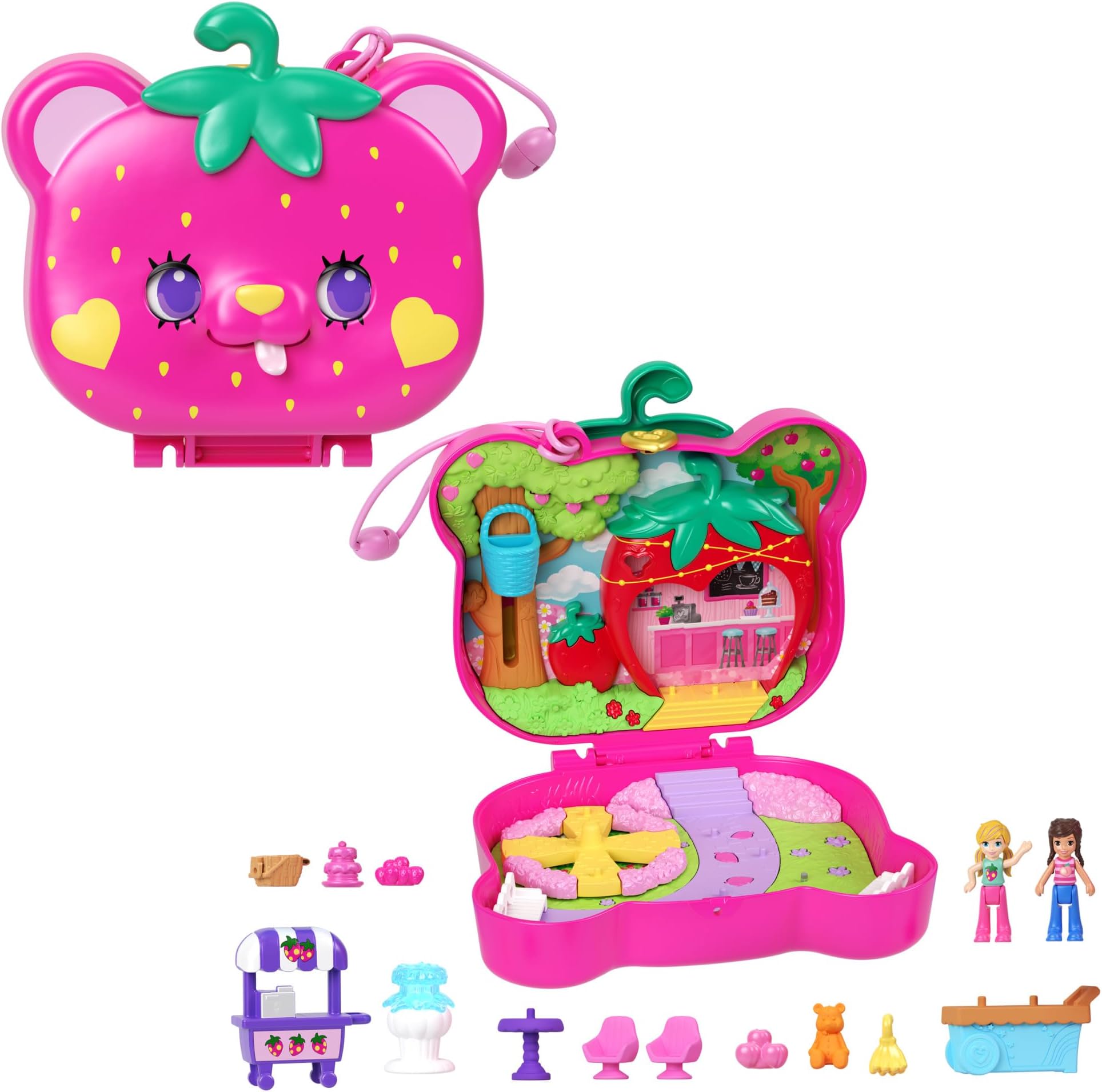 Polly Pocket Playset with 2 Micro Dolls & 12 Accessories, Straw-beary Patch Compact Travel Toy with Fidget Exterior, HRD35