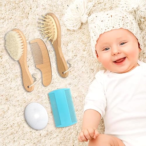 Vista 8 de Kit de cuidado del cabello del bebé, 5 en 1 de madera natural de cerdas de cabra cepillo de cradle cap peine kit de aseo para bebés recién nacidos