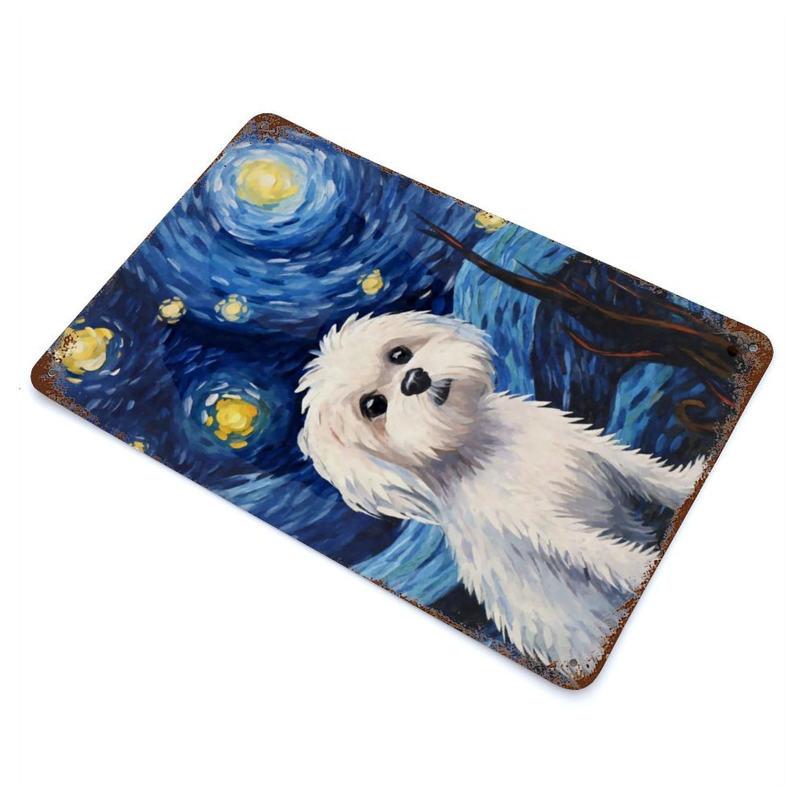 Maltese Dog Starry Night Rusty Metal Tin Sign 11.8"x7.9", Ideal for Farmhouse, Kitchen And Entryway Decor