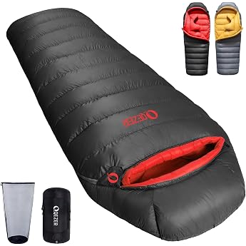 QEZER Winter down sleeping bag has a graphene lining and a 620 fill power of duck down, weighs only 1570 g and is suitable fo