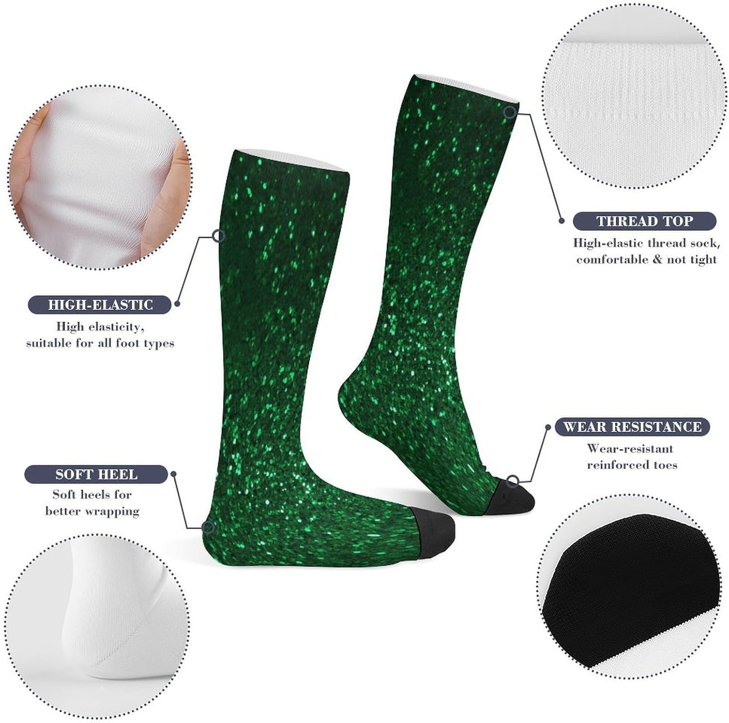 Green Sequin Sparkle Compression Sock Circulation Support Socks Lightweight Knee High Tube Sock Over-The-Calf Sock for Adult