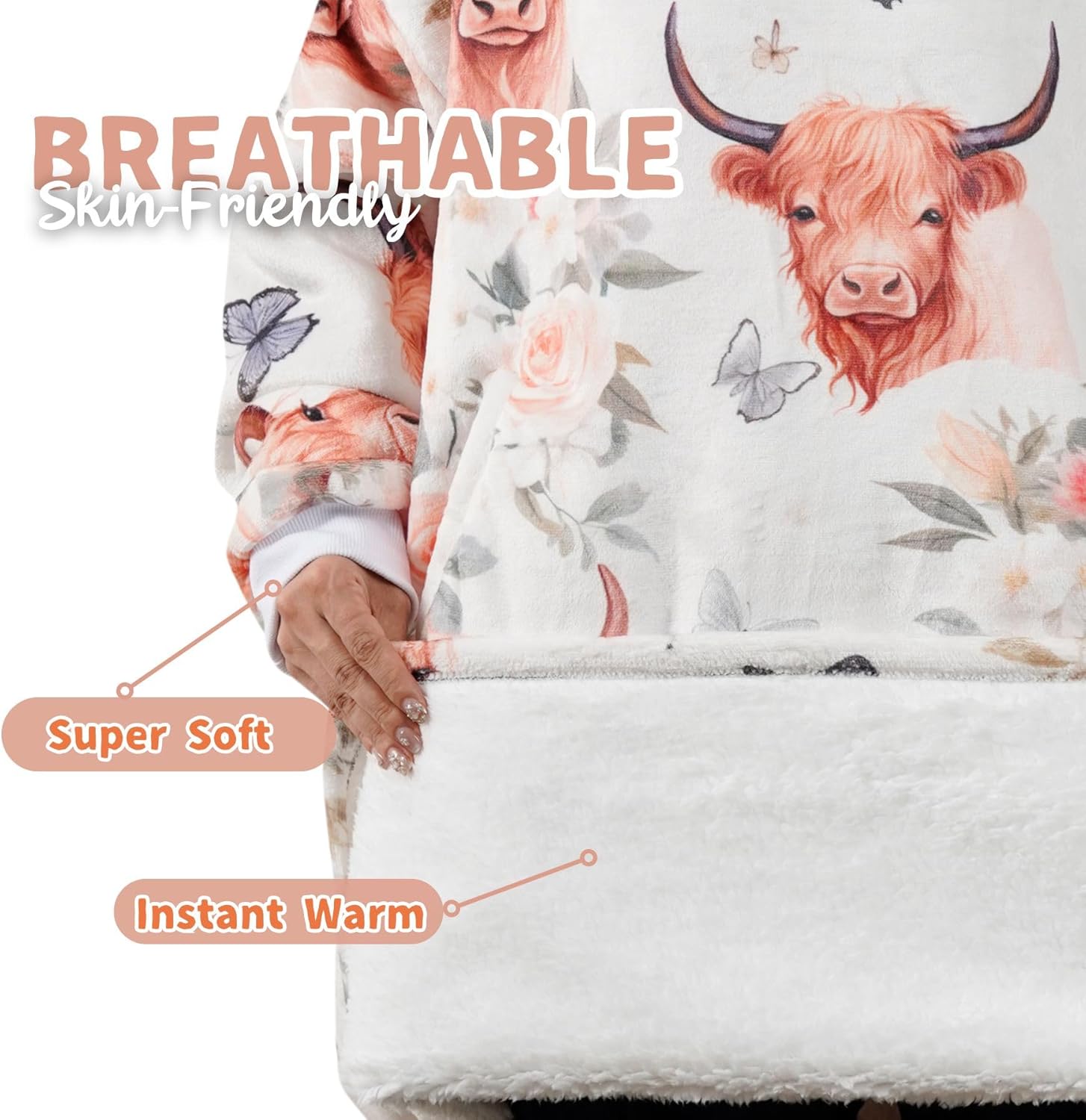 Highland Cow Gifts for Women, Wearable Flannel Blanket Hoodies with Butterflies, Super Soft Warm Cozy with Big Pockets - One Size Fits Most - Image 3