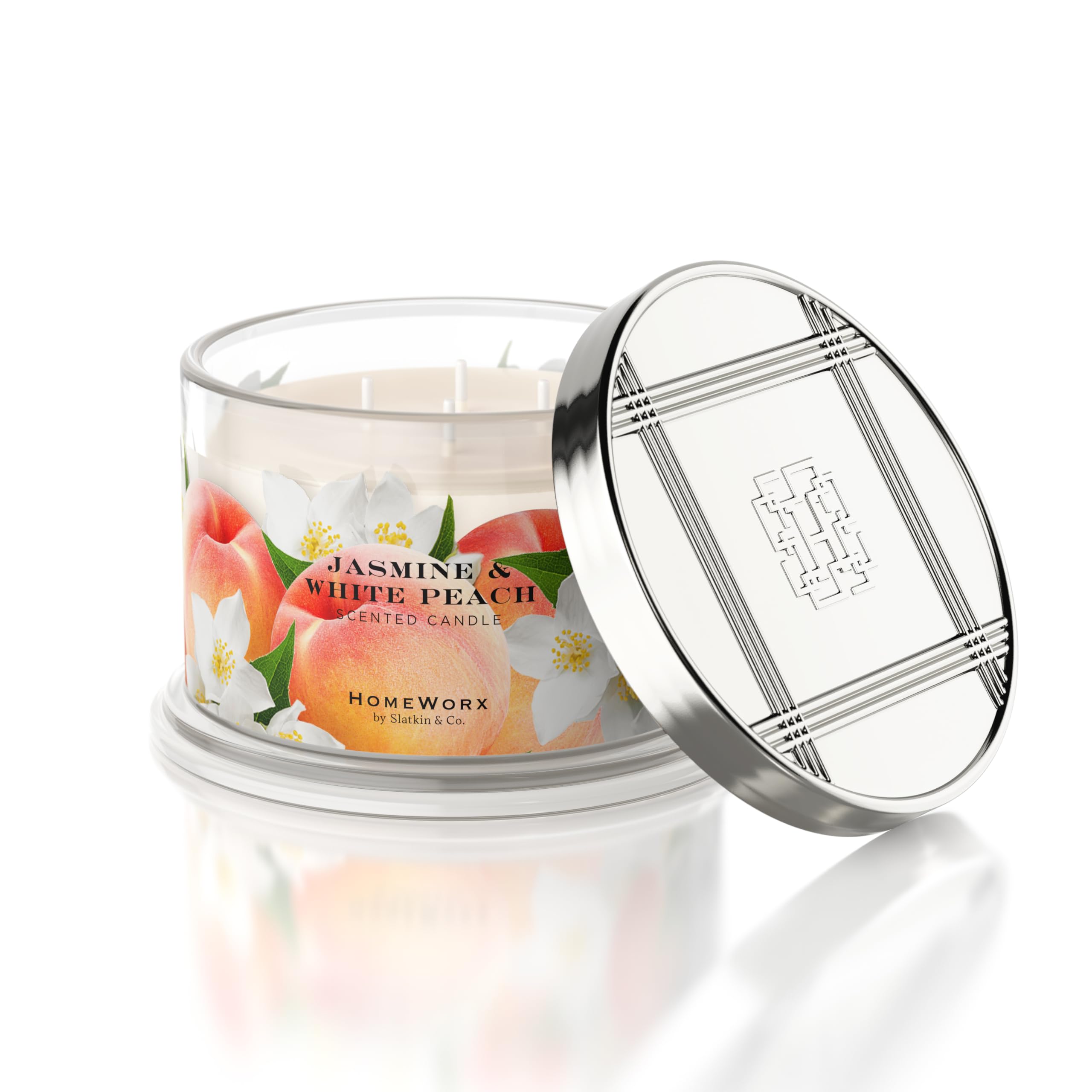 HomeWorx by Harry Slatkin 4 Wick, 18 oz, Jasmine & White Peach Candle