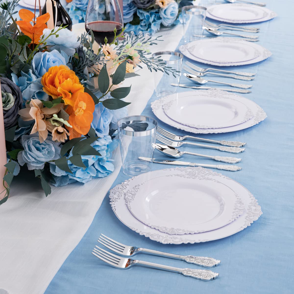 Hioasis 100pcs Silver Plastic Plates & White with Silver Disposable Plates & 10.25inch Silver Disposable Dinner Plates-Perfect for Christmas & Wedding & Party