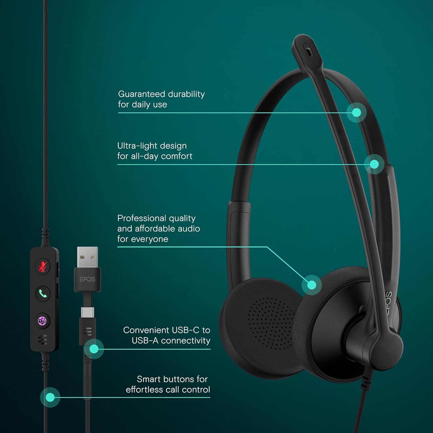 EPOS Impact 100 MS Stereo USB-C+A Headset with Microphone, Certified Microsoft Teams, Noise-Cancelling Mic, Lightweight, Call Control, USB Adapter, Soft Earpads, Professional UC Headphones