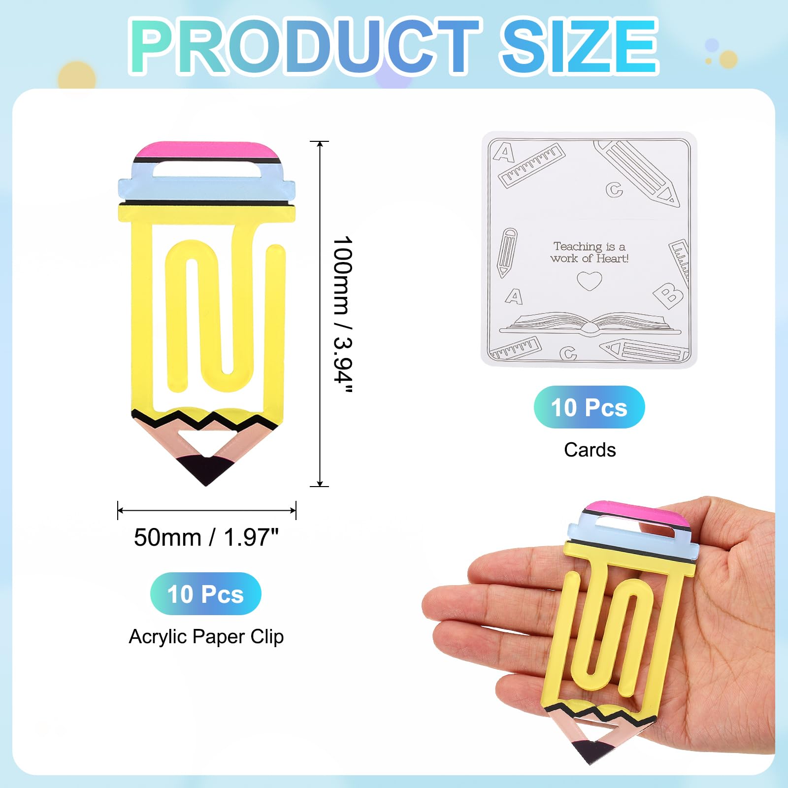 PATIKIL 10Pack Acrylic Paper Clip, 1.97 x 3.94 Inch Pencil Shape Huge Sublimation Paper Clip Bookmarks with Card for Office Holders Envelope DIY Crafts Gifts Home, Yellow - Image 2
